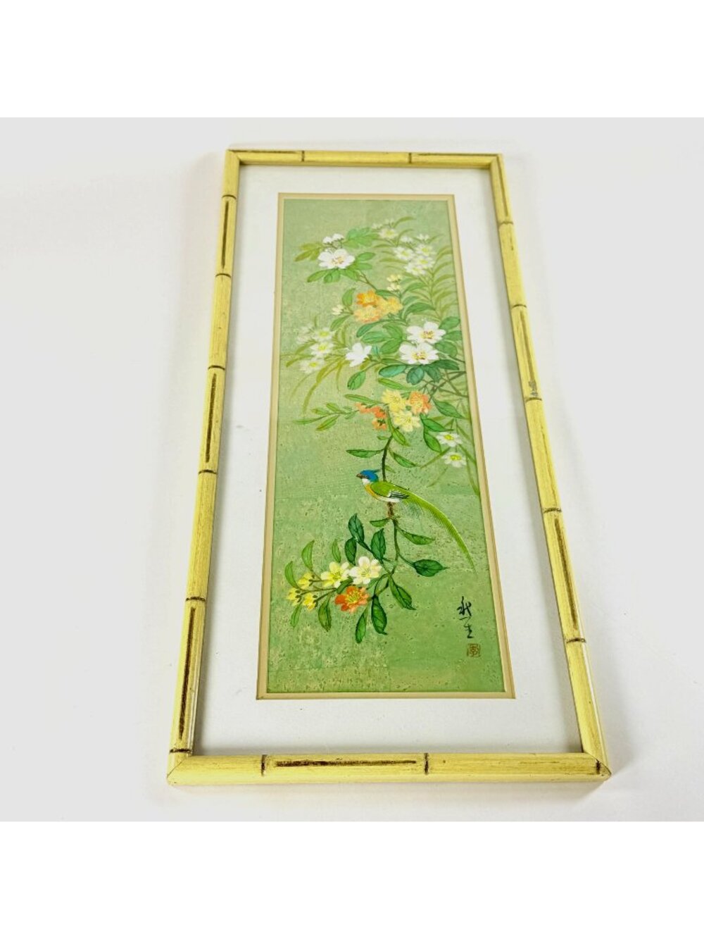 Chinese Bird Flower Painting Framed Bamboo Wall Art Signed Lin Sheng Vintage